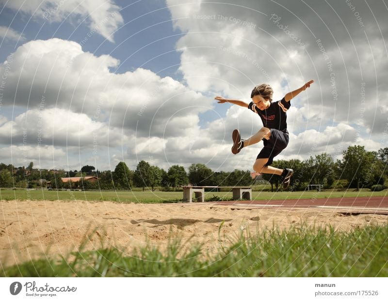 long jump Joy Healthy Playing Vacation & Travel Summer Sports Fitness Sports Training Track and Field School sport Sandpit Stadium Long jump Masculine Child