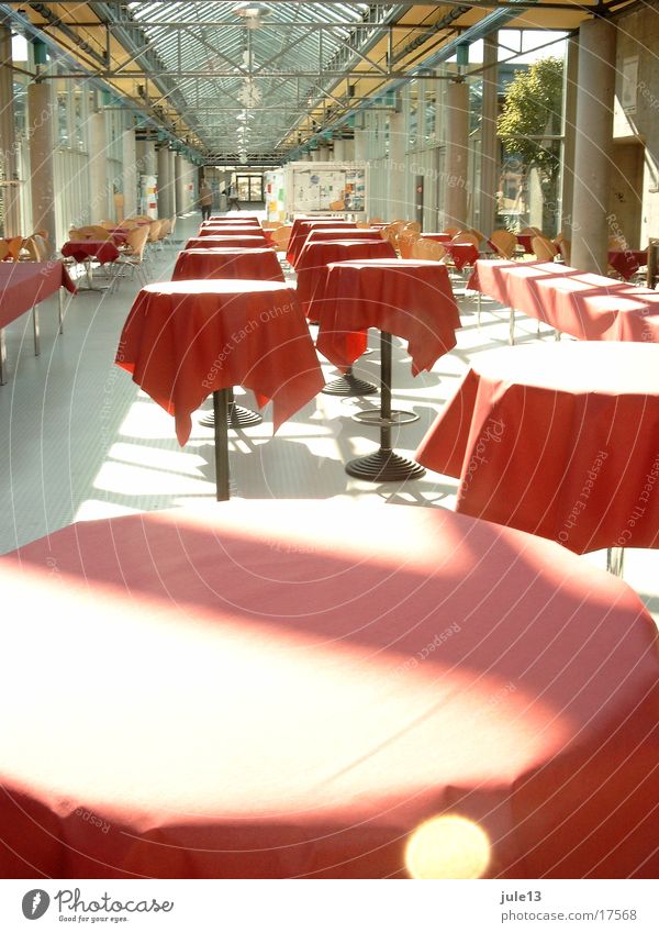 tables Table Restaurant Red Light Sunbeam Architecture standing tables Room Glass Row Escape Tablecloth