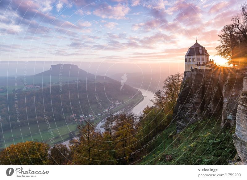 Lilienstein with Elbe Valley and Friedrichsburg Vacation & Travel Tourism Mountain Hiking Climbing Mountaineering Nature Landscape Clouds Sunrise Sunset Autumn