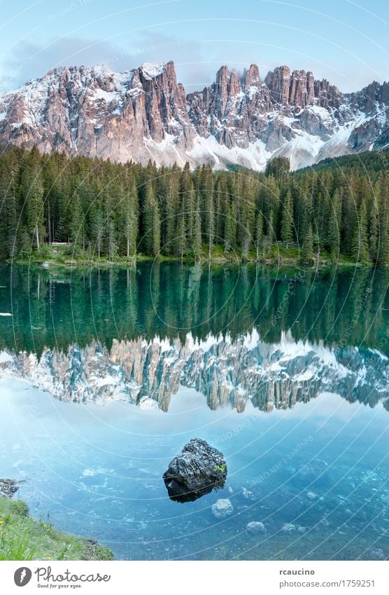 Karersee is a lake in the Dolomites, Italy. Vacation & Travel Summer Snow Mountain Landscape Sky Tree Forest Alps Lake Blue Green dolomitic Dusk Europe panorama