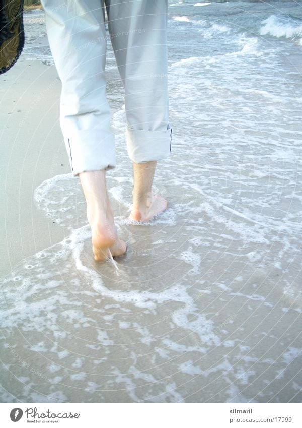 Beach Series III Man Ocean Waves Reflection Going To go for a walk Hiking Pants Wet Footprint White crest Pebble Footwear Sand Walking Feet Legs Drops of water