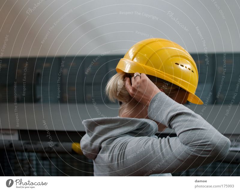 mine - I'm coming Workwear Protective clothing Work and employment Build Blonde Helmet Yellow Gray Ponytail To put on Hooded jacket Preparation
