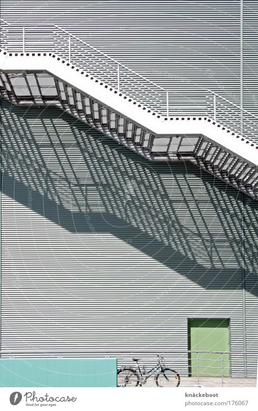 ruled Colour photo Exterior shot Day Light Shadow Central perspective Deserted Building Architecture Wall (barrier) Wall (building) Stairs Facade Cold Modern