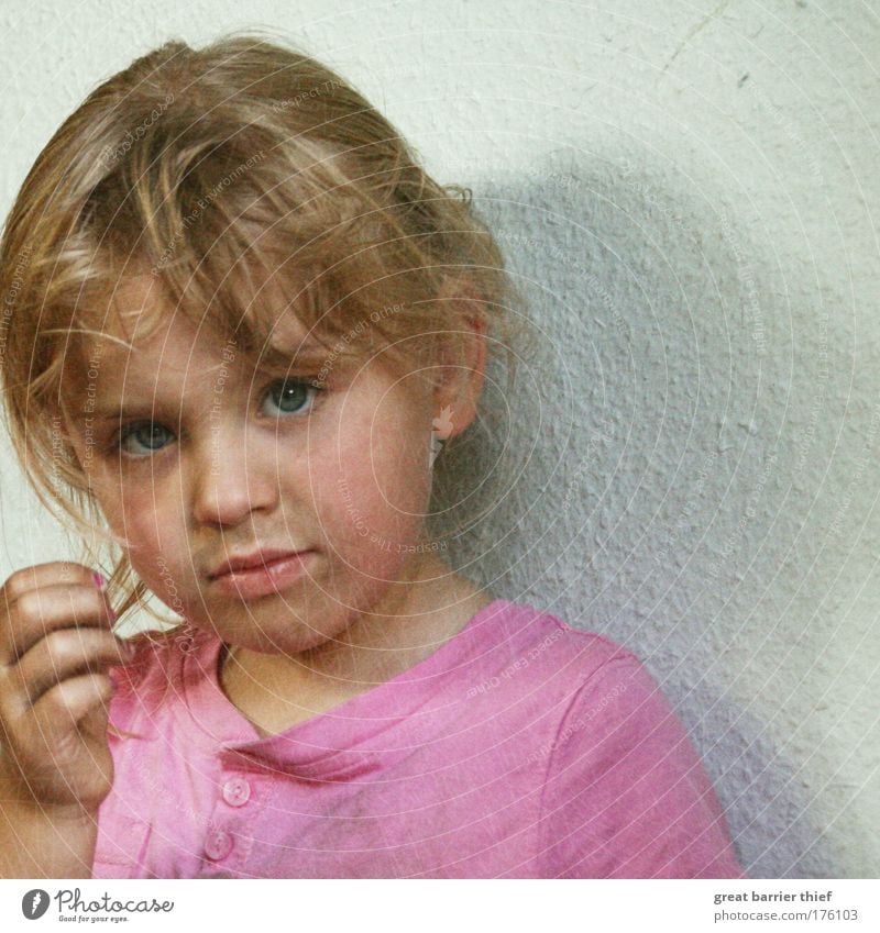 After work Colour photo Exterior shot Close-up Day Blur Portrait photograph Upper body Front view Looking into the camera Forward Gardening Child Toddler Girl