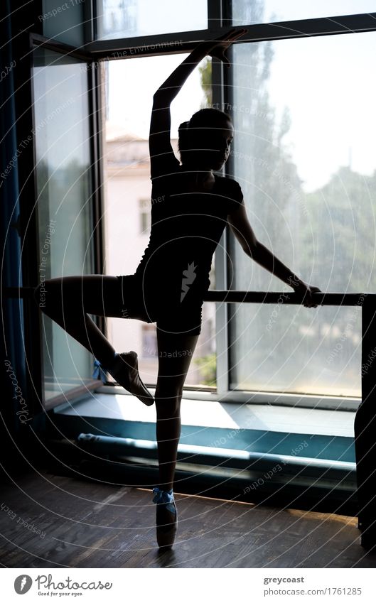 Black silhouette of a ballet dancer in position at the barre near the window Dance School Academic studies Girl Youth (Young adults) 13 - 18 years Dancer Ballet