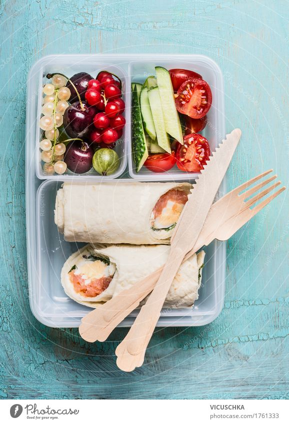 Healthy lunch box with tortilla wraps and wooden cutlery Food Fish Vegetable Lettuce Salad Fruit Nutrition Lunch Banquet Organic produce Vegetarian diet Diet