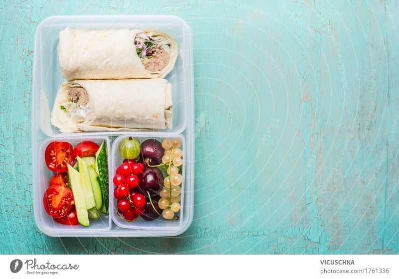 Healthy lunch box with tuna tortilla wraps Food Fish Vegetable Lettuce Salad Fruit Nutrition Lunch Buffet Brunch Organic produce Vegetarian diet Diet Style
