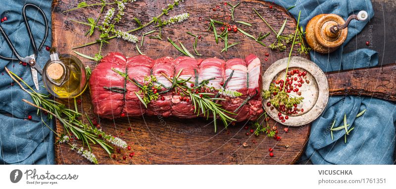 Roast beef with herbs Preparation Food Meat Herbs and spices Cooking oil Nutrition Banquet Organic produce Slow food Crockery Style Design Table Kitchen