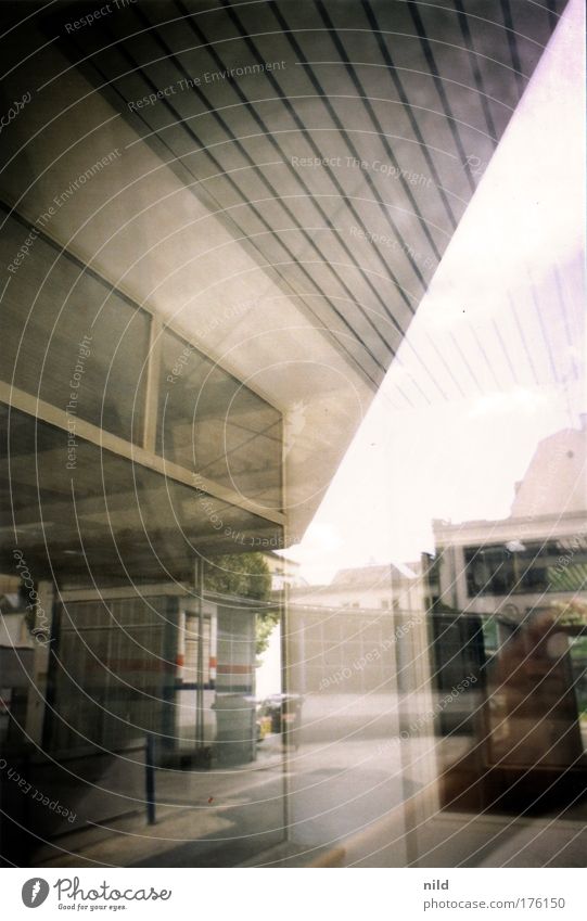 Analogue confusion of images Colour photo Subdued colour Exterior shot Experimental Deserted Day Reflection Deep depth of field Town Workshop Petrol station