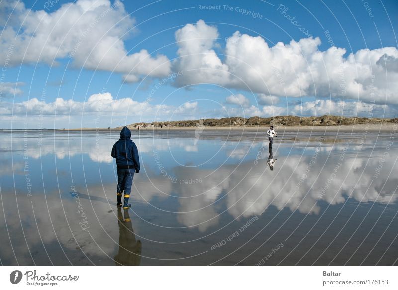 Mirrorbeach Colour photo Exterior shot Day Reflection Long shot Relaxation Calm Beach Human being 2 Landscape Water Sky Clouds Horizon Beautiful weather Coast