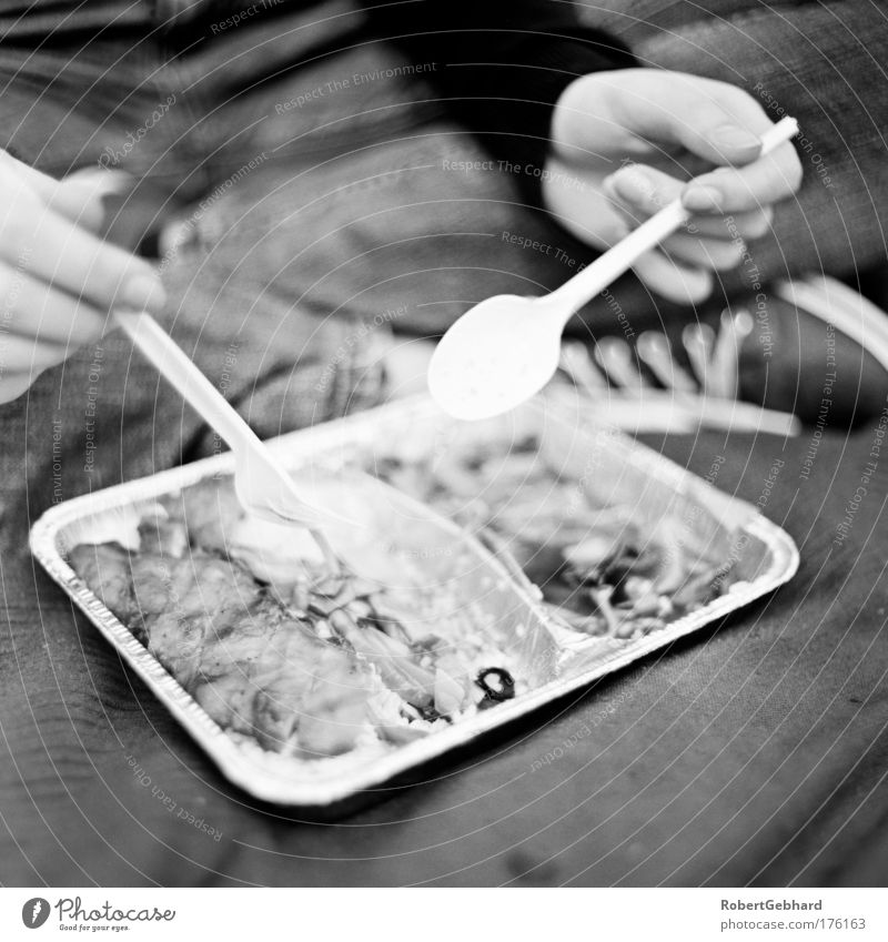 Duck sweet sour Black & white photo Deep depth of field Food Meat Nutrition Fast food Cutlery Fork Spoon Human being Legs 1 Footwear Vice Desire Lust Calm