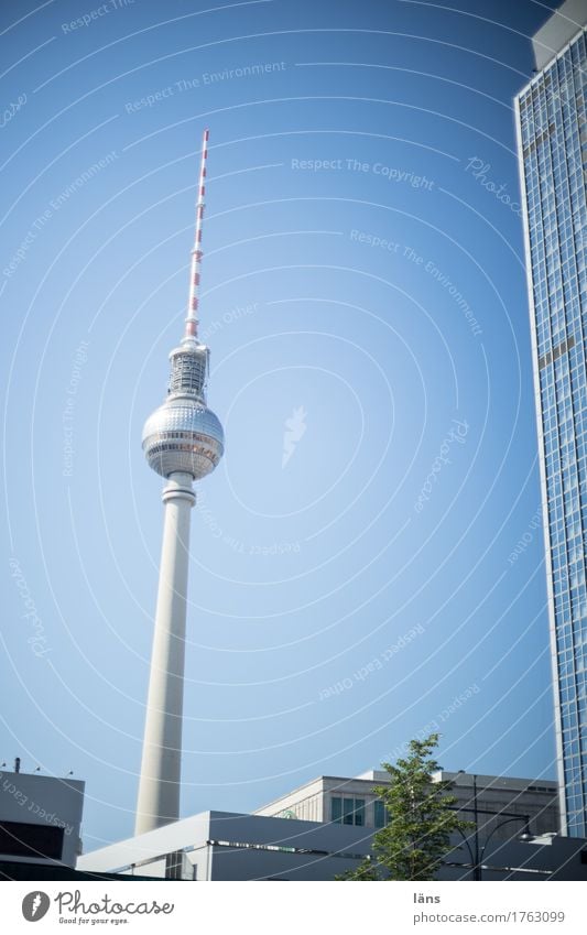 Photocase Day l City plant Sky Town Tourist Attraction Blue Berlin Berlin TV Tower Television tower Upward Exterior shot Copy Space left Light