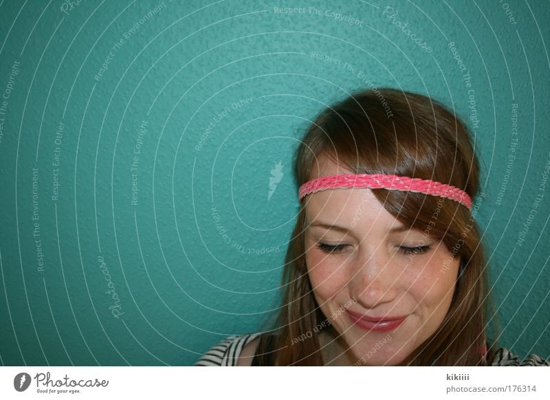 think pink Colour photo Interior shot Copy Space left Artificial light Flash photo Contrast Portrait photograph Downward Closed eyes Joy Hair and hairstyles