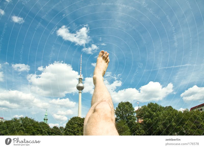 A tower, a leg Berlin Capital city Sky Summer Vacation & Travel Berlin TV Tower Television tower Alexanderplatz alex Legs Feet Toes Stretching Parts of body