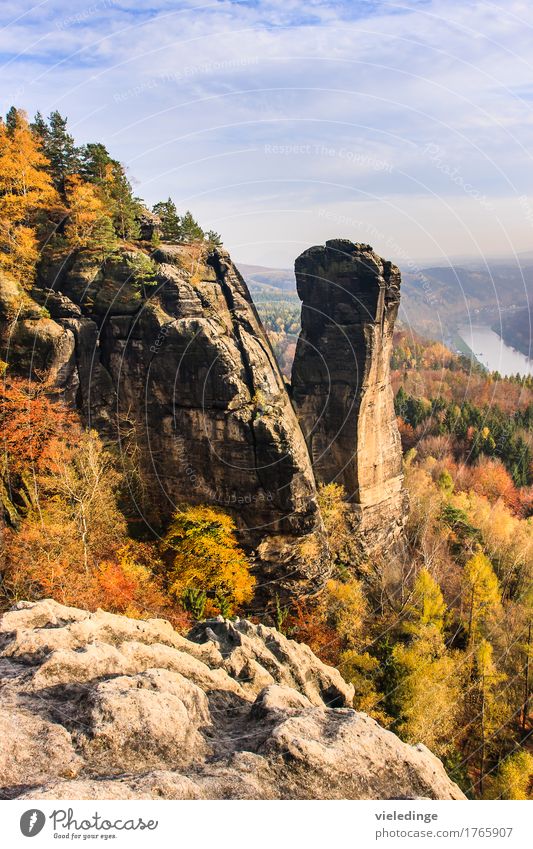 View of the Teufelsturm and the Elbe valley Vacation & Travel Tourism Mountain Hiking Nature Landscape Horizon Autumn Beautiful weather Rock Stone Moody Idyll