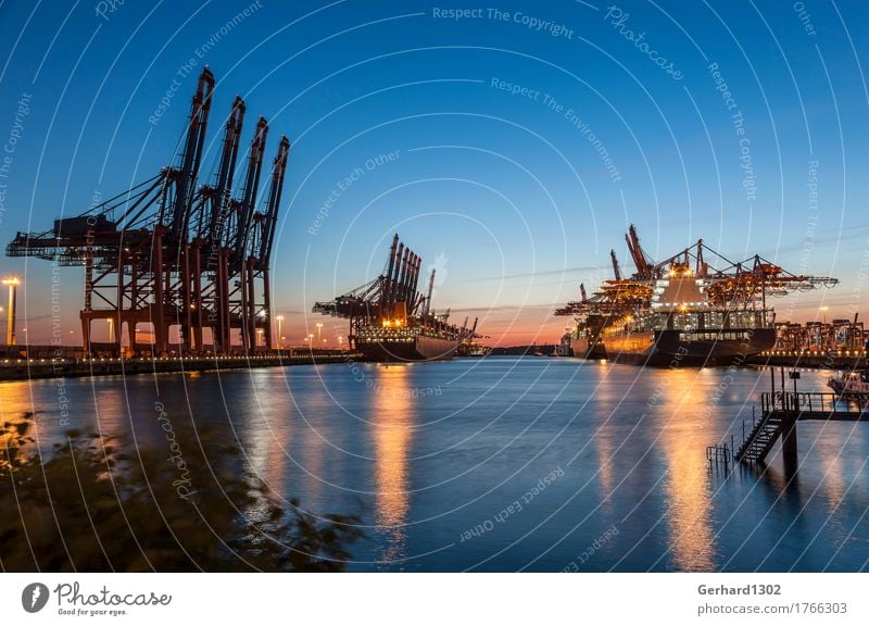 Container port Hamburg in the evening Water Night sky Port City Transport Logistics Navigation Container ship Harbour Work and employment Maritime Diligent