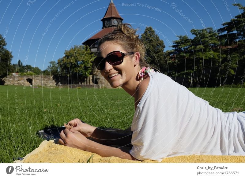 chris_by_photoart Contentment Relaxation Summer Young woman Youth (Young adults) Woman Adults 1 Human being 18 - 30 years Esslingen district Park Castle T-shirt