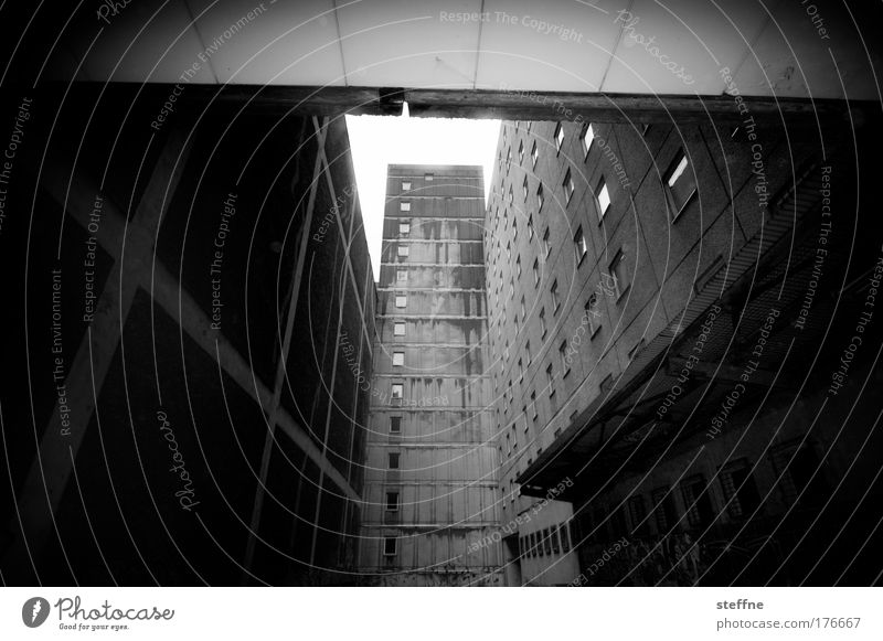ghetto Black & white photo Exterior shot Deserted Shadow Contrast Deep depth of field Wide angle Downtown Berlin High-rise Prefab construction Ghetto
