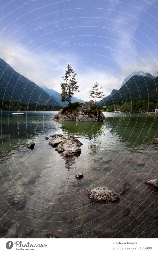 At the Hintersee Colour photo Exterior shot Deserted Day Reflection Sunlight Wide angle Vacation & Travel Tourism Trip Summer Island Mountain Nature Landscape