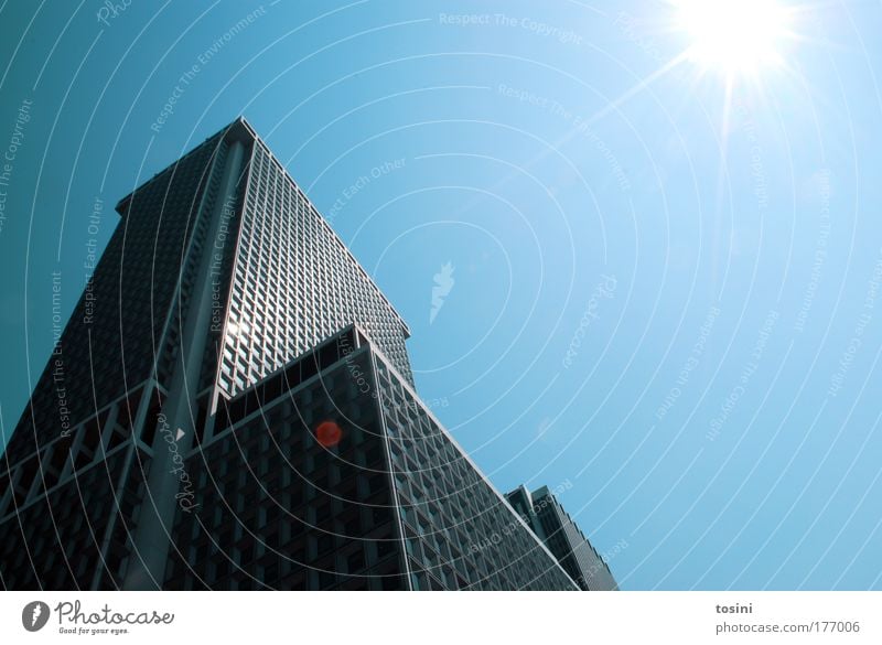 skyscraper Colour photo Exterior shot Deserted Copy Space right Copy Space top Day Light Contrast Reflection Sunlight Sunbeam Back-light Worm's-eye view Air Sky