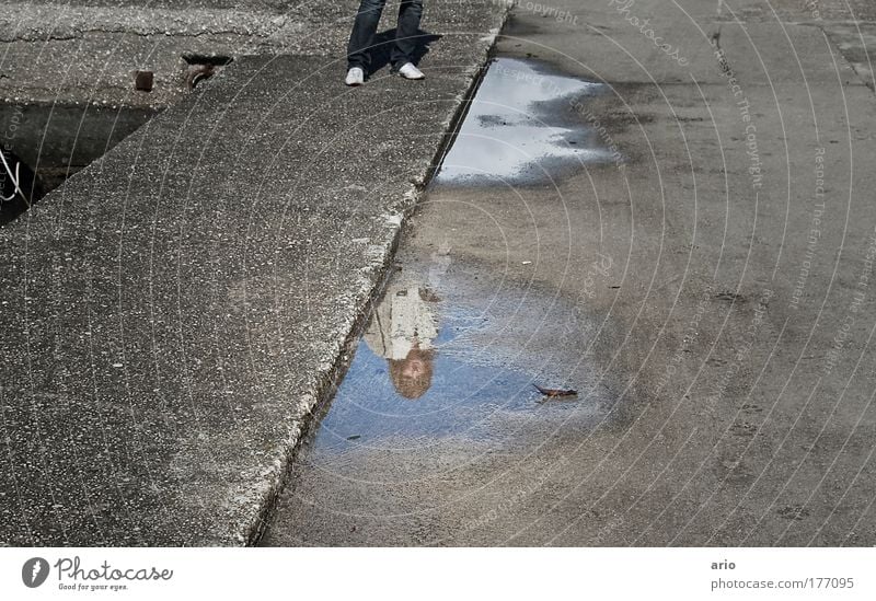 Mirror, mirror... Colour photo Exterior shot Day Reflection 1 Human being Small Town Harbour Street Concrete Observe Gray