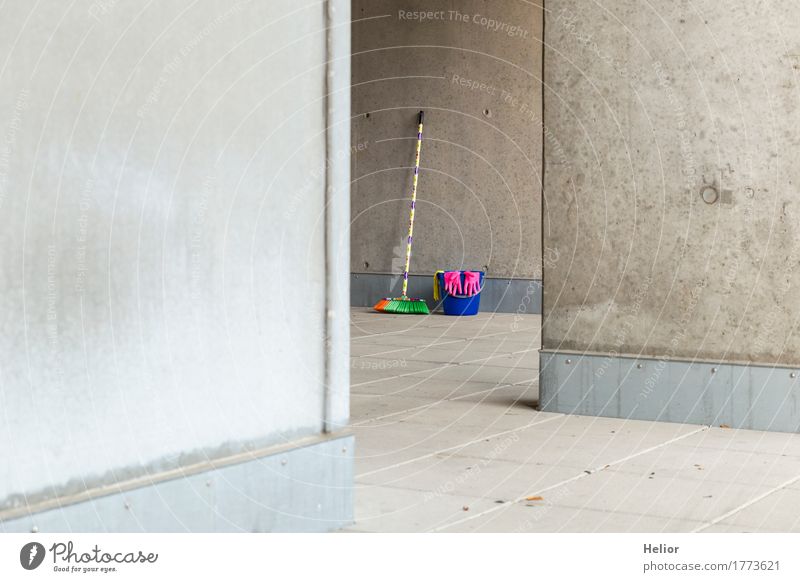 Colourful cleaning utensils 8 Broom Wall (barrier) Wall (building) Gloves Concrete Cleaning Blue Yellow Gray Pink Plastic Uniqueness Gloomy Multicoloured Black