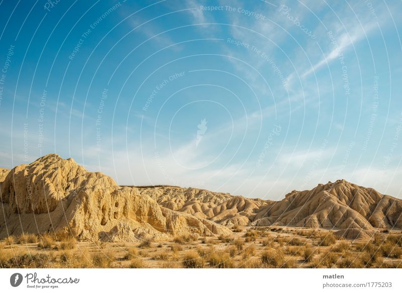 in the desert Environment Nature Landscape Plant Sand Sky Clouds Horizon Sunlight Weather Beautiful weather Grass Hill Rock Desert Deserted Gloomy Blue Brown