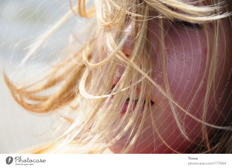 whirlwind Colour photo Exterior shot Close-up Day Light Sunlight Closed eyes Feminine Head Hair and hairstyles Face 1 Human being Summer Wind Blonde Happy