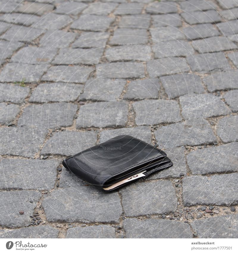 lost your wallet Street Money Lose Bank note Financial Industry Money purse Black Leather Cobblestones Sidewalk Doomed Find Happy Adversity Ground Euro