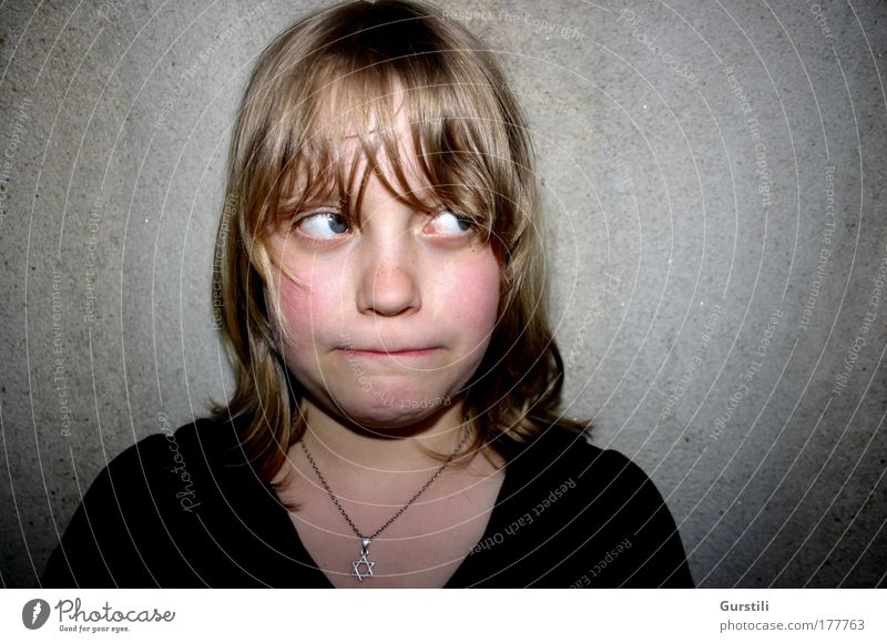 queasy Colour photo Copy Space left Copy Space right Neutral Background Flash photo Central perspective Portrait photograph Looking away Feminine Child Girl