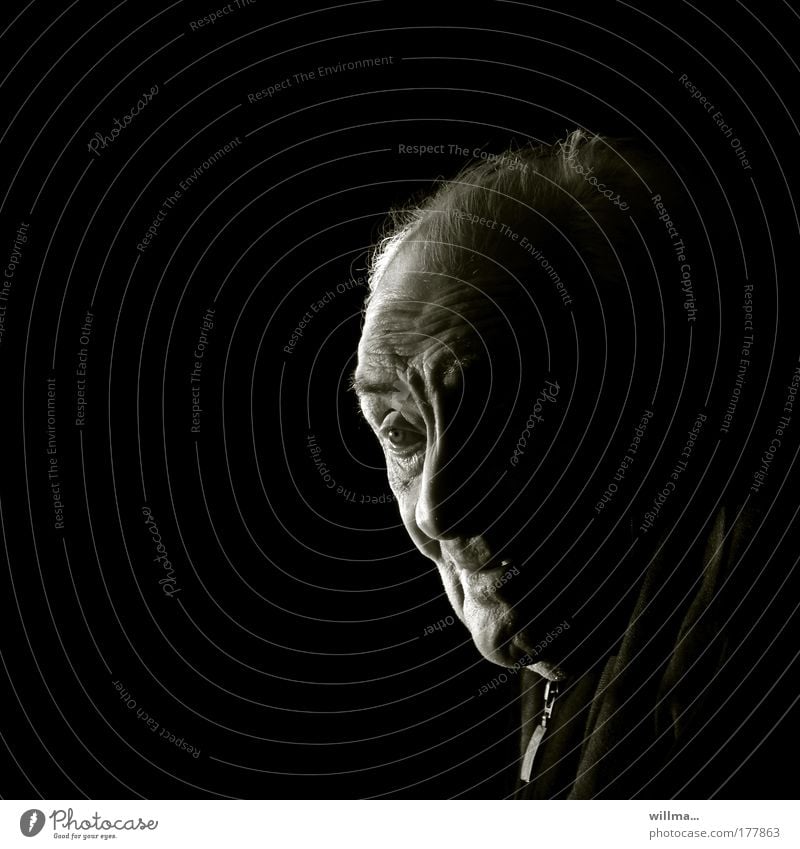 Portrait of a senior citizen, text free space, bw Old man Senior citizen Face portrait Retirement Grandfather Head Loneliness Serene Faith & Religion Hope