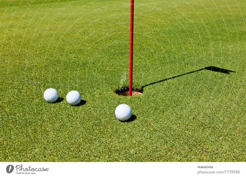 Three golf balls on the putting green, next to the hole Relaxation Summer Golf Golf course Green White three Course (flight) Golf ball healthy lifestyle Hole