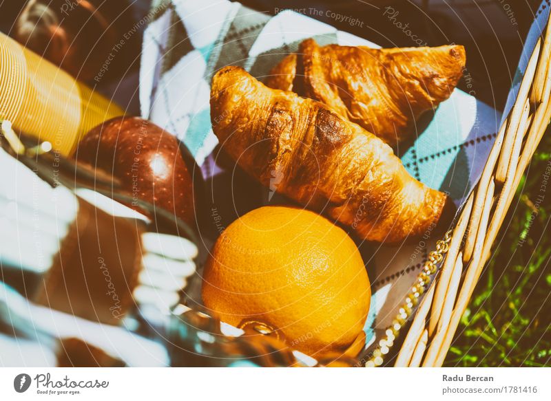 Picnic Basket With Apple, Orange And Croissants In Spring Food Fruit Candy Nutrition Eating Breakfast Lunch Dinner Organic produce Diet Relaxation