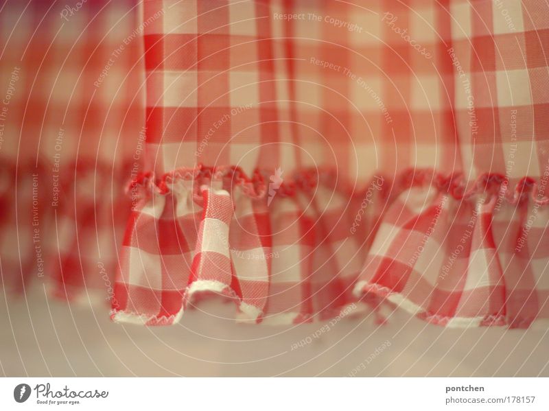 A red and white chequered curtain with frills in front of a white wall. Decoration, old fashioned Living or residing Flat (apartment) Arrange Living room