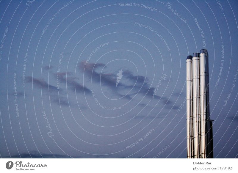 columns of smoke Technology Energy industry Energy crisis Industry Air Sky Clouds Europe Chimney Metal Stand Glittering Modern Blue Silver Orderliness