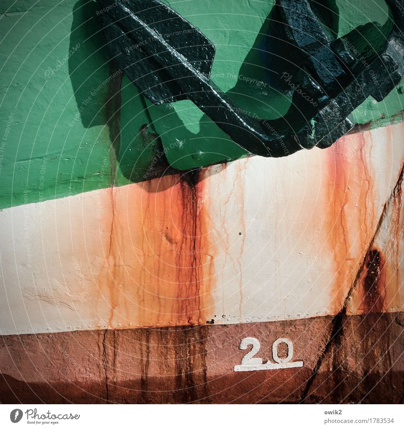 bow Navigation Sailing ship Anchor Ship's side Metal Rust Digits and numbers Old Firm Maritime Trashy Brown Green Orange Transience Robust Bow Colour photo