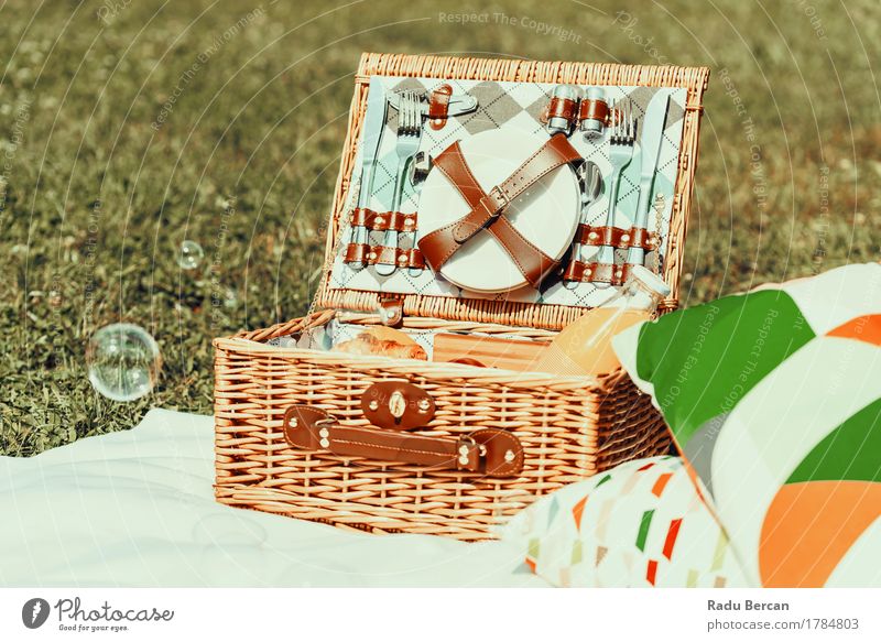 Picnic Basket Food On White Blanket And Soap Bubbles Nutrition Eating Breakfast Lunch Juice Crockery Plate Bottle Cutlery Knives Fork Spoon Lifestyle