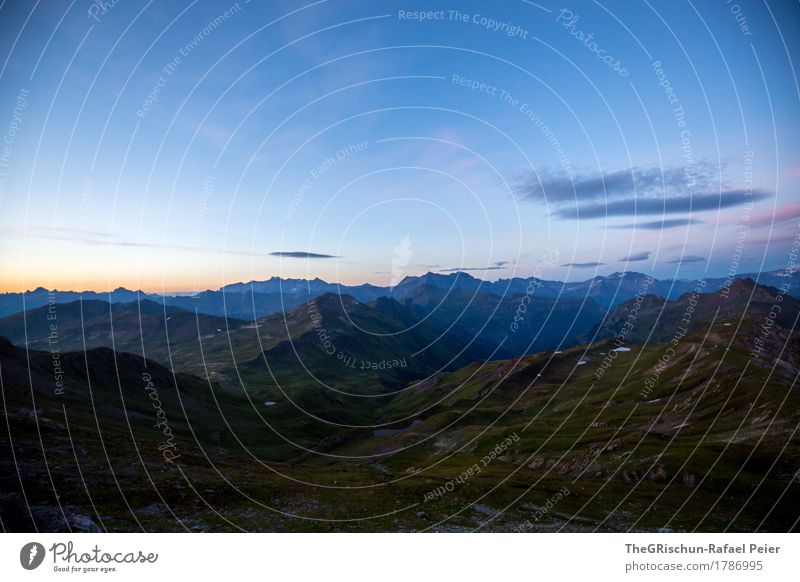 morning mood Environment Nature Landscape Blue Green Orange Pink Black Switzerland Mountain Alps Glarner Alpes Clouds Sunrise Dawn Grass Mountain range