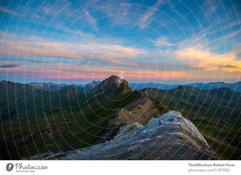 in the morning Environment Nature Landscape Orange Pink Black Morning Wake up Stone Rock Mountain ridge Alps Switzerland Sunrise Clouds Moody Vantage point