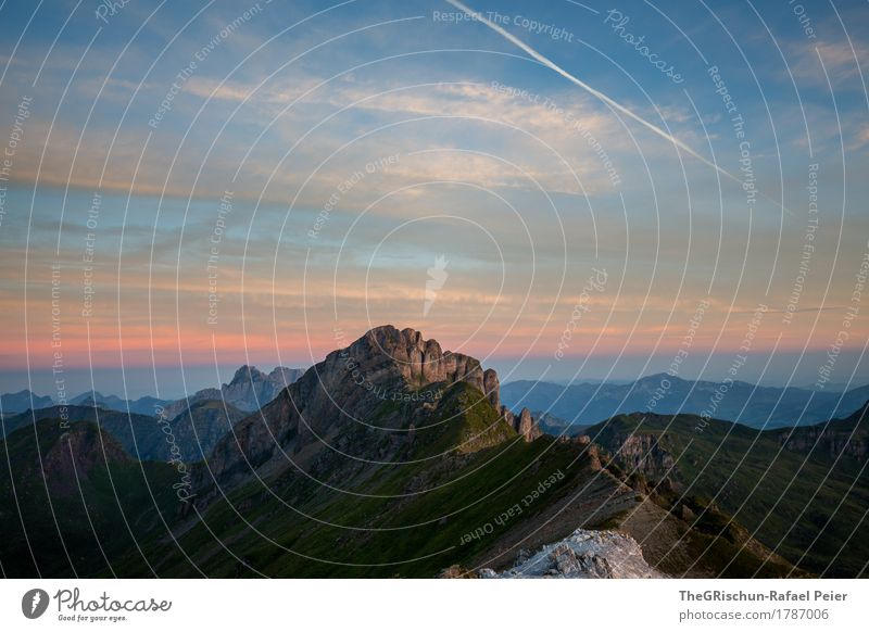 morning mood Environment Nature Landscape Blue Violet Orange Black Morning Airplane Clouds Mountain Rock Mountain ridge Vantage point Panorama (View) Wake up