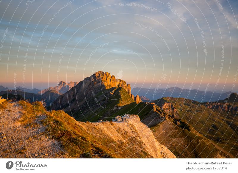 the morning hour has gold in its mouth Environment Nature Landscape Blue Brown Gold Gray Green Mountain Exterior shot Morning Sunbeam Sunrise Mountain range