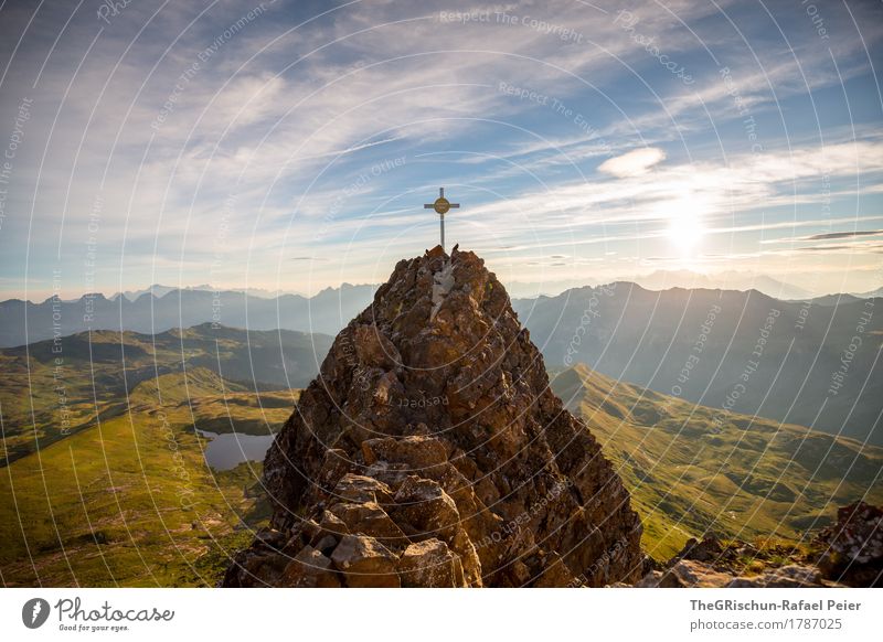 summit cross Environment Nature Landscape Blue Brown Yellow Gold Green White Morning Mountain range Peak Peak cross Sunrise Mountain lake Meadow Back-light