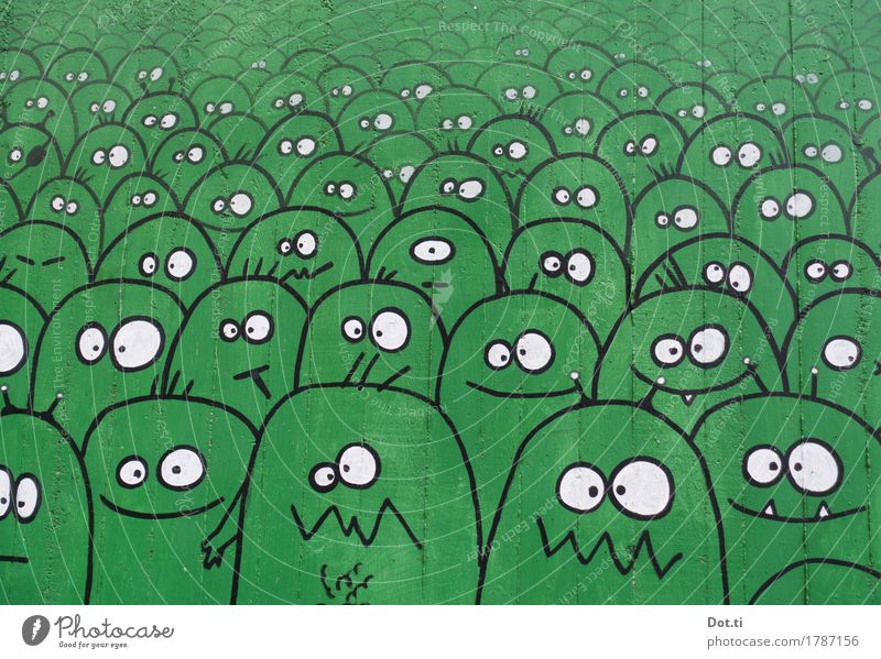 monsterization Wall (barrier) Wall (building) Funny Crazy Green Joy Monster Graffiti Street art Drawing eyes Face Many Extraterrestrial being Figure Tagger