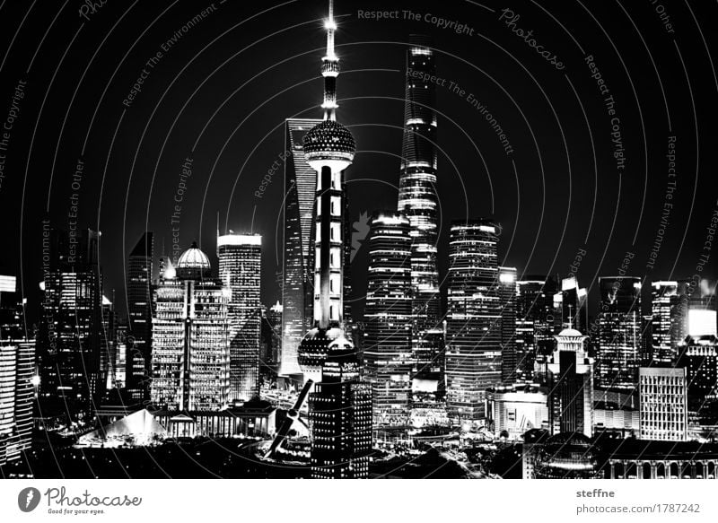 Rising high (Shanghai) Town Skyline Overpopulated High-rise Pu Dong China Growth Capitalism Long exposure Night shot Energy Light Black & white photo