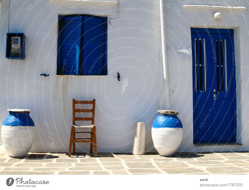 seating Pot Chair Greece Aegean Sea Cyclades House (Residential Structure) Wall (barrier) Wall (building) Facade Terrace Window Door Sit Blue White Colour photo