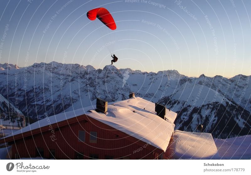 On the Top Colour photo Exterior shot Twilight Sunrise Sunset Full-length Life 1 Human being Landscape Cloudless sky Winter Alps Mountain Hut Roof Parachute