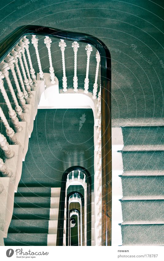 downstairs Colour photo Interior shot Day House (Residential Structure) Green Stairs Staircase (Hallway) Handrail Carpet Old Retro Vintage Tall Go up Vertical