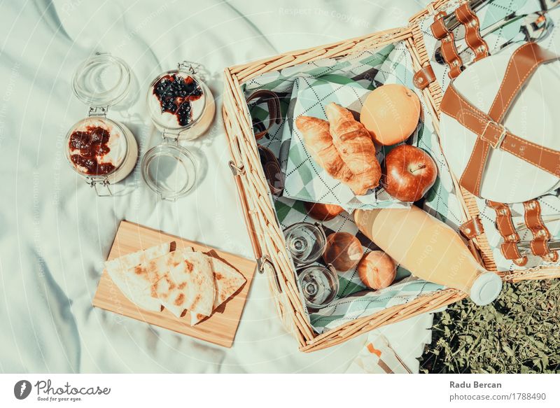 Picnic With Fruits, Orange Juice, Quesadilla And Cheesecake Food Apple Croissant Jam Nutrition Eating Breakfast Lunch Organic produce Crockery Plate Cutlery