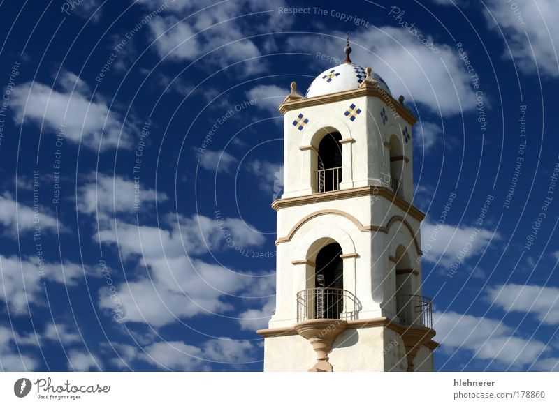 Ojai Tower Colour photo Exterior shot Deserted Copy Space left Day Upward Vacation & Travel Culture Sky Clouds Church Building Architecture Old Historic Blue