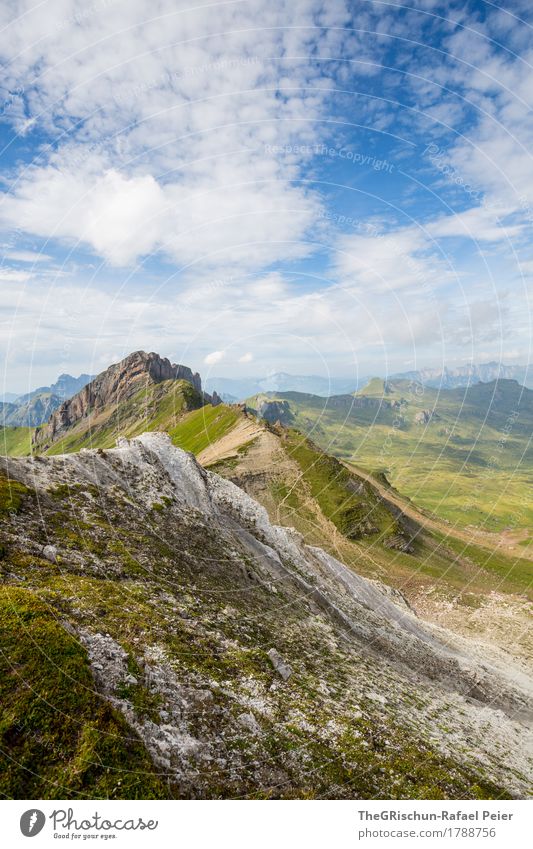 mountain Environment Nature Landscape Sky Clouds Blue Green Silver White Mountain Alps Switzerland Peak Mountain range Gravel Colour photo Exterior shot